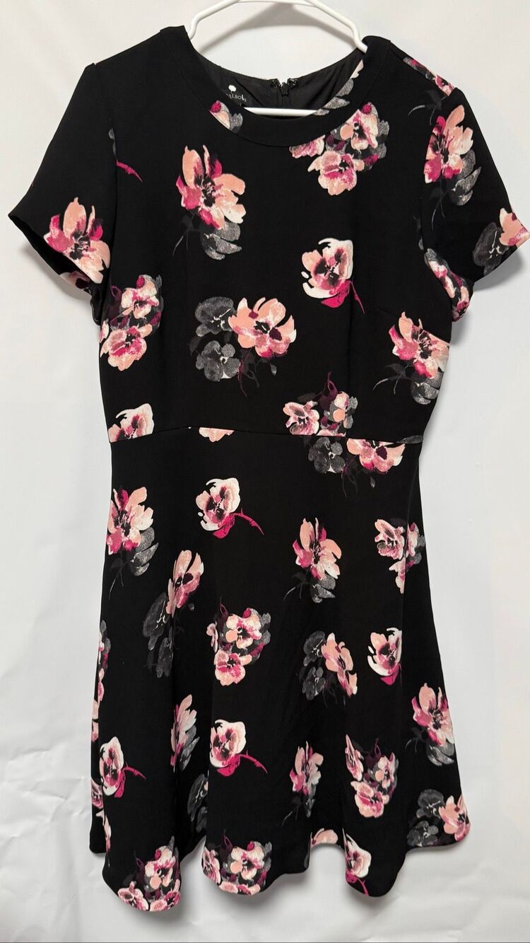 Talbots Women black with pink floral fit flare short sleeve dress back zipper dr